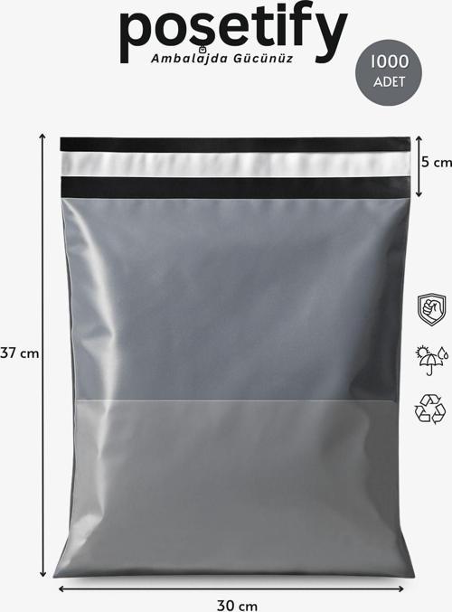 Gri Cepli Kargo Poşeti 30X37+5 Cm | Yapışkan Bantlı Gönderi Zarfı | 1000’Lü E-Ticaret Poşeti