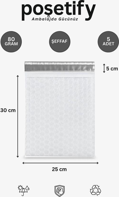 Balonlu Şeffaf Kargo Poşeti 25X30+5 Cm | 80 Gr Bantlı Patpatlı Kargo Poşeti | 5’Li E-Ticaret Poşeti