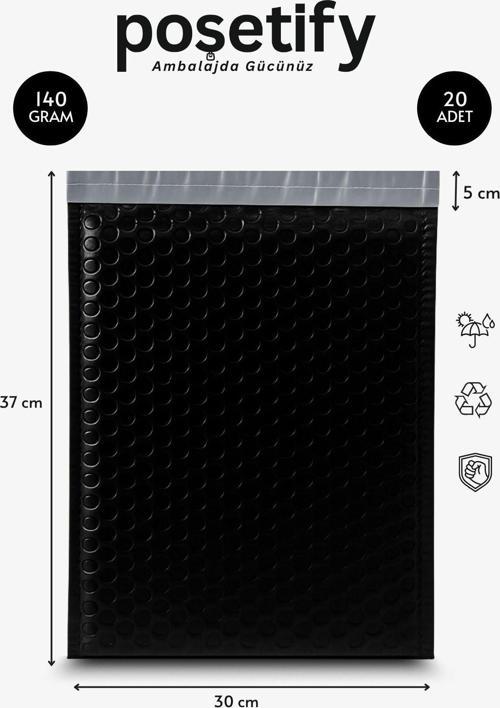 Balonlu Siyah Kargo Poşeti 30X37+5 Cm | 140 Gr Bantlı Patpatlı Kargo Poşeti | 20’Li E-Ticaret Poşeti