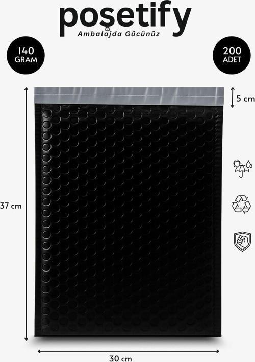 Balonlu Siyah Kargo Poşeti 30X37+5 Cm | 140 Gr Bantlı Patpatlı Kargo Poşeti | 200’Lü