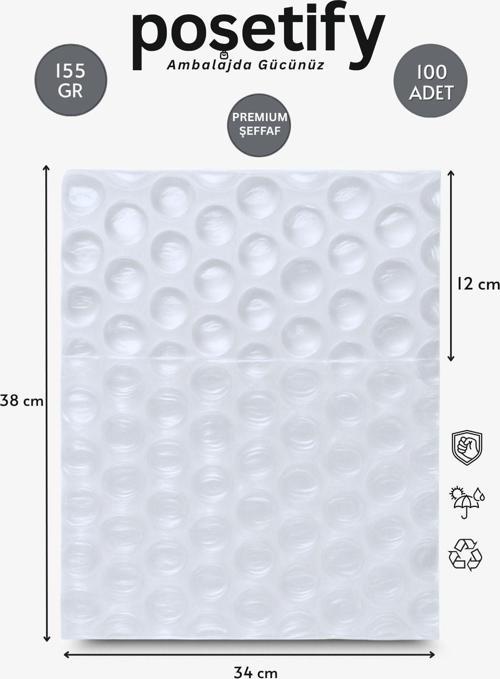 Premium Büyük Balonlu Torba 34 X 36 + 12 Cm | 100’Li Set | Kalın Malzeme | Koruyucu Ambalaj Poşeti