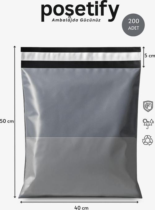 Gri Cepli Kargo Poşeti 40X50+5 Cm | Yapışkan Bantlı Gönderi Zarfı | 200’Lü E-Ticaret Poşeti