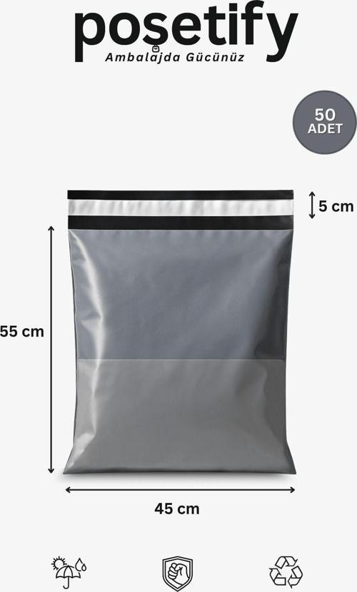 Gri Cepli Kargo Poşeti 45X55+5 Cm | Yapışkan Bantlı Gönderi Zarfı | 50’Li E-Ticaret Poşeti