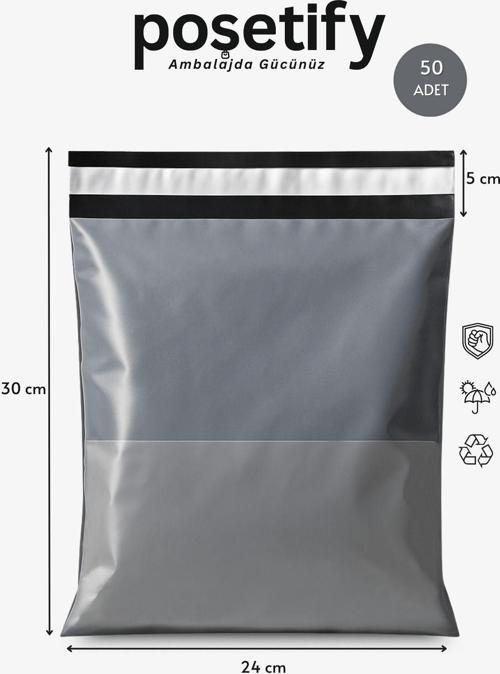 Gri Cepli Kargo Poşeti 24X30+5 Cm | Yapışkan Bantlı Gönderi Zarfı | 50’Li E-Ticaret Poşeti