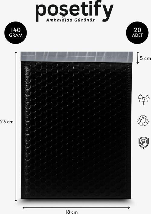Balonlu Siyah Kargo Poşeti 18X23+5 Cm | 140 Gr Bantlı Patpatlı Kargo Poşeti | 20’Li E-Ticaret Poşeti