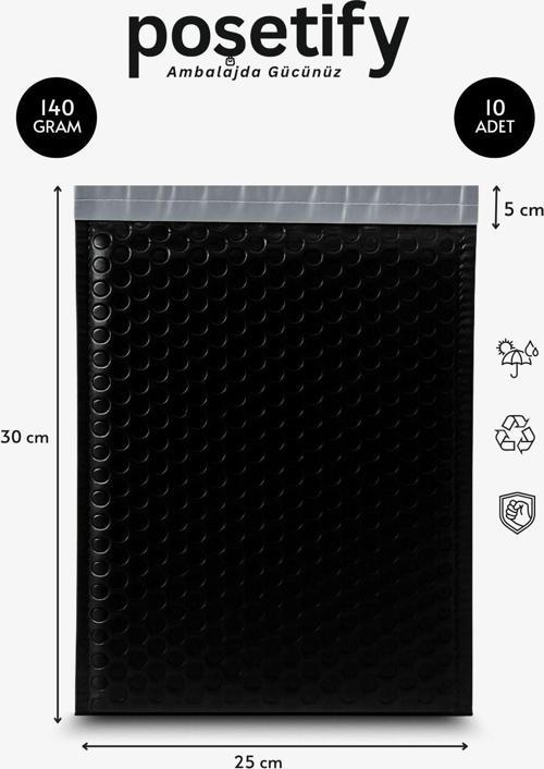 Balonlu Siyah Kargo Poşeti 25X30+5 Cm | 140 Gr Bantlı Patpatlı Kargo Poşeti | 10’Li E-Ticaret Poşeti