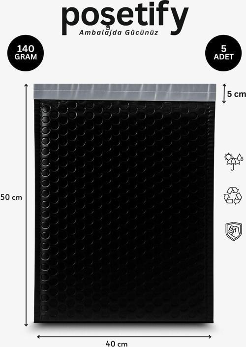 Balonlu Siyah Kargo Poşeti 40X50+5 Cm | 140 Gr Bantlı Patpatlı Kargo Poşeti | 5’Li E-Ticaret Poşeti