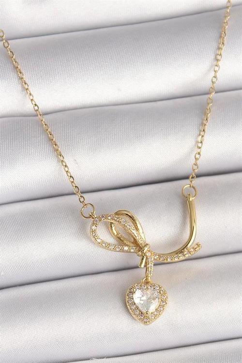 316L Çelik Gold Renk Zincir Zirkon Taşlı Düğüm Sallantı Kalp Model Kadın Kolye