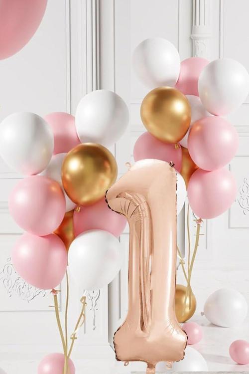 1 Yaş Retro Gold Pembe Beyaz Balon Seti Rose Gold Rakamlı Doğum Günü Balonu Şık Parti Süsleme