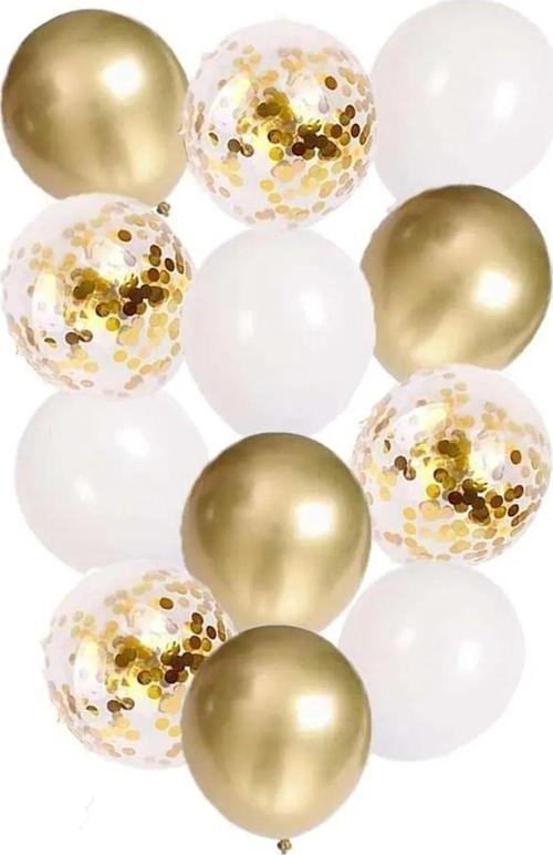 10 Adet 12 Inç Beyaz Krom Gold Ve Konfetili Karışık Balon