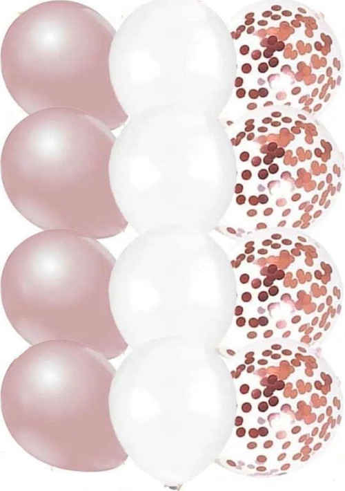 10 Adet 12 Inç Beyaz Rose Gold Ve Konfetili Karışık Balon