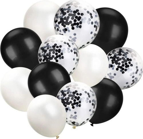10 Adet 12 Inç Beyaz Siyah Ve Konfetili Karışık Balon