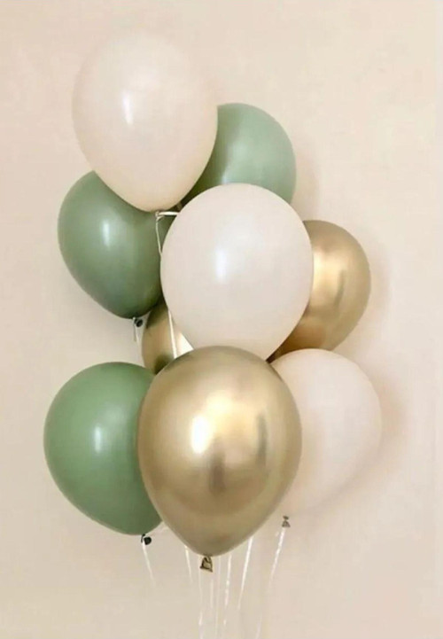 10 Adet 12 Inç Krom Gold Küf Yeşili Ve Beyaz Karışık Balon