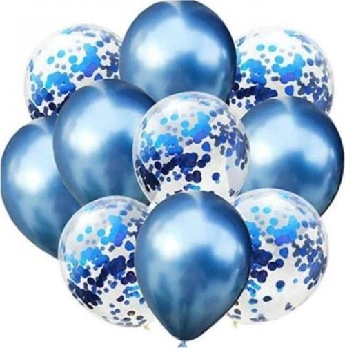 10 Adet 12 Inç Krom Mavi Ve Konfetili Karışık Balon