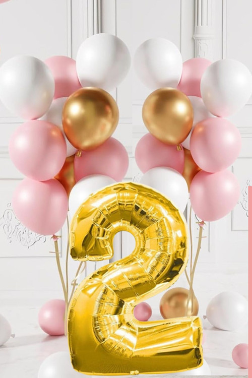 2 Yaş Retro Gold Pembe Beyaz Balon Seti Gold Rakamlı Doğum Günü Balonu Şık Parti Süsleme