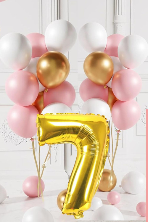 7 Yaş Retro Gold Pembe Beyaz Balon Seti Gold Rakamlı Doğum Günü Balonu Şık Parti Süsleme