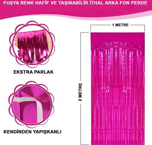 Ekstra Metalize Parlak Saçaklı Arka Fon Perde Fuşya