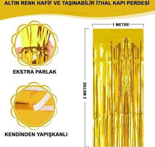 Ekstra Metalize Parlak Saçaklı Arka Fon Perde Gold