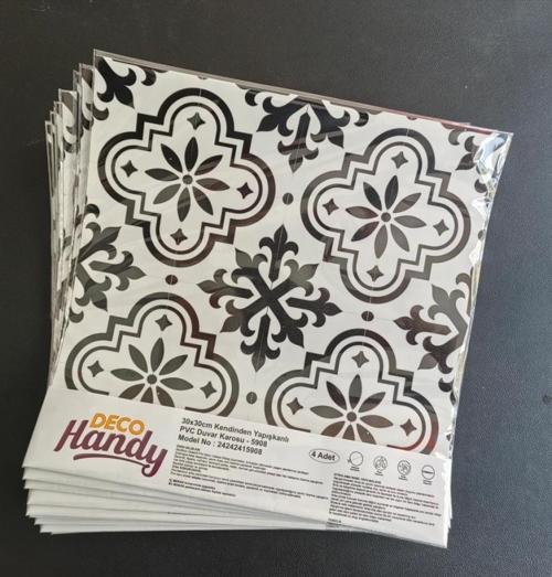 DecoHandy  Pvc Duvar Karosu 30x30cm 4'lü Paket - Siyah Beyaz Çini Desen  0,36m2