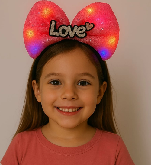 Led Işıklı Love Yazılı Fuşya Fiyonk Taç – Kız Çocuk Parti Tacı