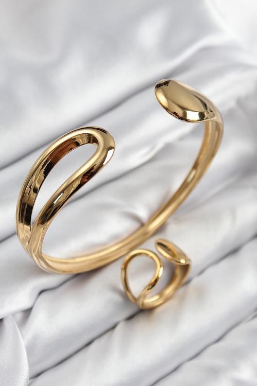 Pirinç Ayrık Model Gold Renk Bileklik Yüzük Set