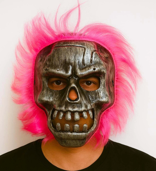 Wild Skull - Gümüş Kafatası Pembe Saçlı İskelet Maske
