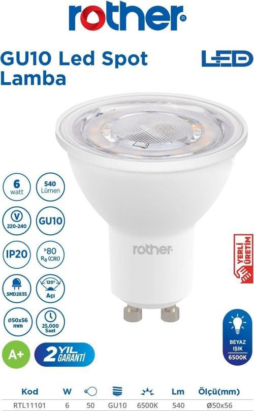 RTL11101 Rother GU10 LED Spot Ampul 6W 540 Lümen 6500K Beyaz Işık - Enerji Tasarruflu Ampul