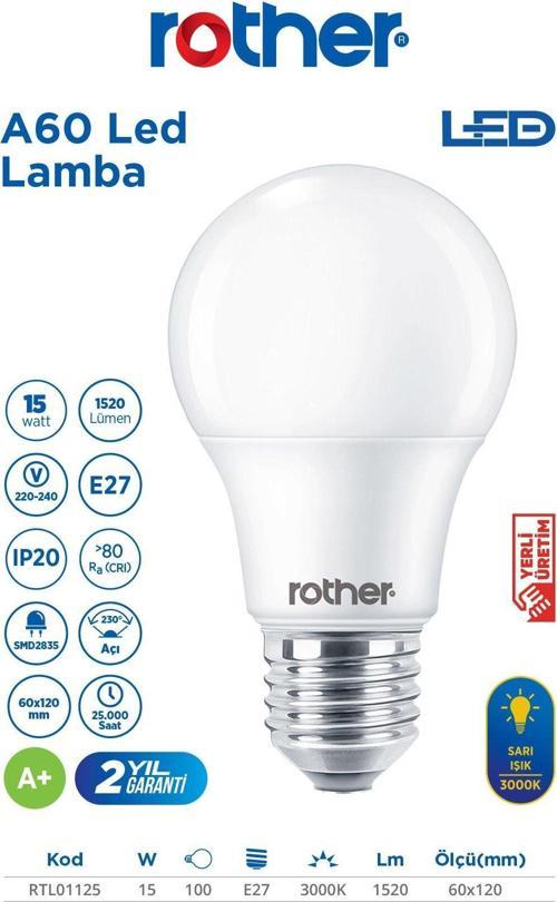 RTL01125 Rother A60 LED Ampul 15W E27 1520 Lümen 3000K Sarı Işık - Enerji Tasarruflu Ampul