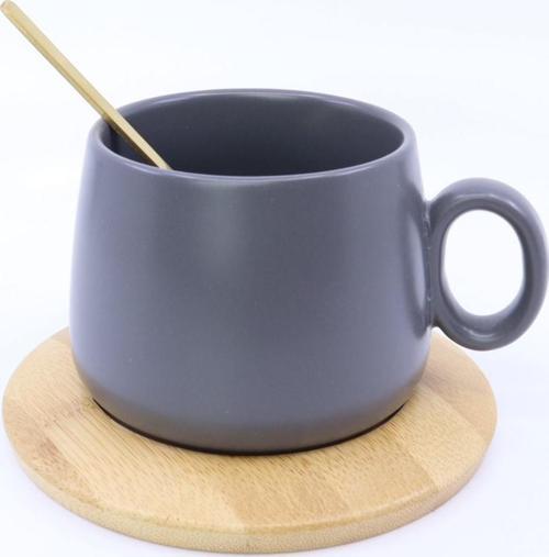 Bambu Tabaklı Seramik Kupa - Gri 