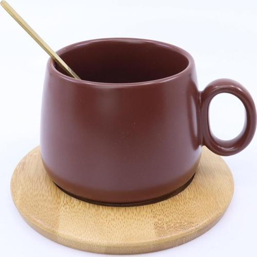 Bambu Tabaklı Seramik Kupa -Kahverengi