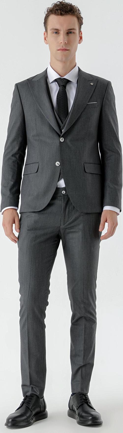  Erkek Siyah Poliviskon Trend Yelekli Desenli Slim Fit Sivri Yaka Takım Elbise