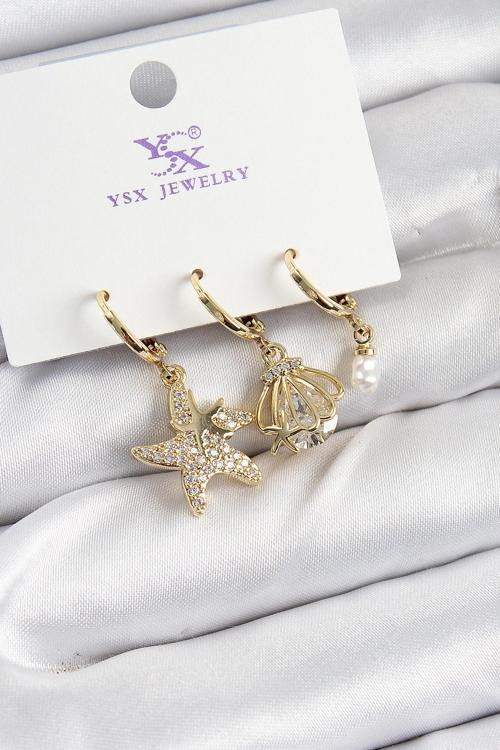 Pirinç Zİrkon Taşlı Deniz Yıldızı Ve İstiridye Model Gold Renk 3'lü Kadın Küpe - EBJ250726W36717