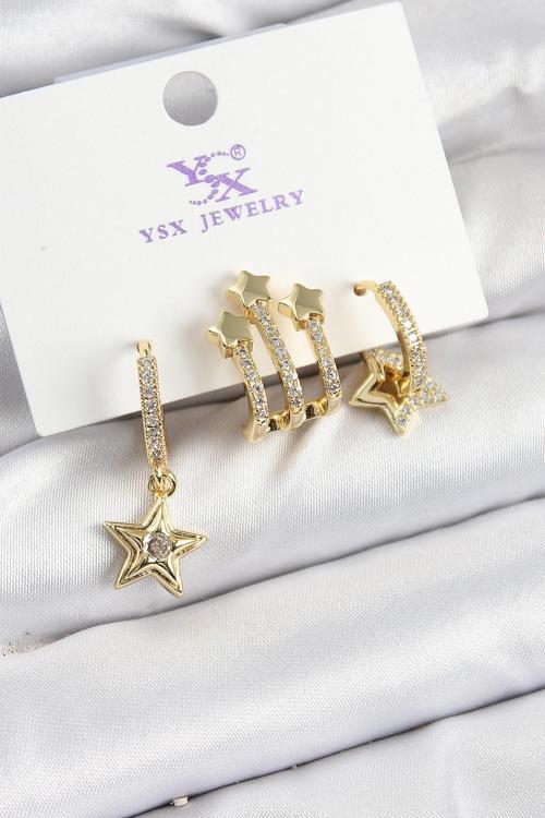 Pirinç Zİrkon Taşlı Sallantılı Yıldız Model Gold Renk 3'lü Kadın Küpe - EBJ250726W36713