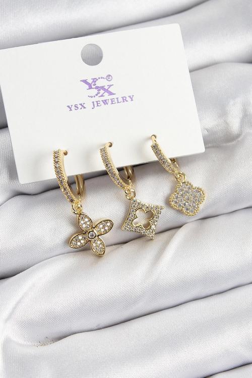 Pirinç Zİrkon Taşlı Yonca Model Gold Renk 3'lü Kadın Küpe - EBJ250726W36722