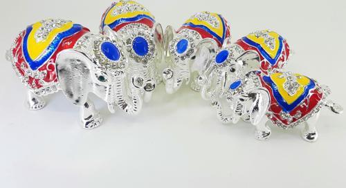 Swaroski Taşlı Metal Bereket Fili 5li Mücevher Kutusu Gri