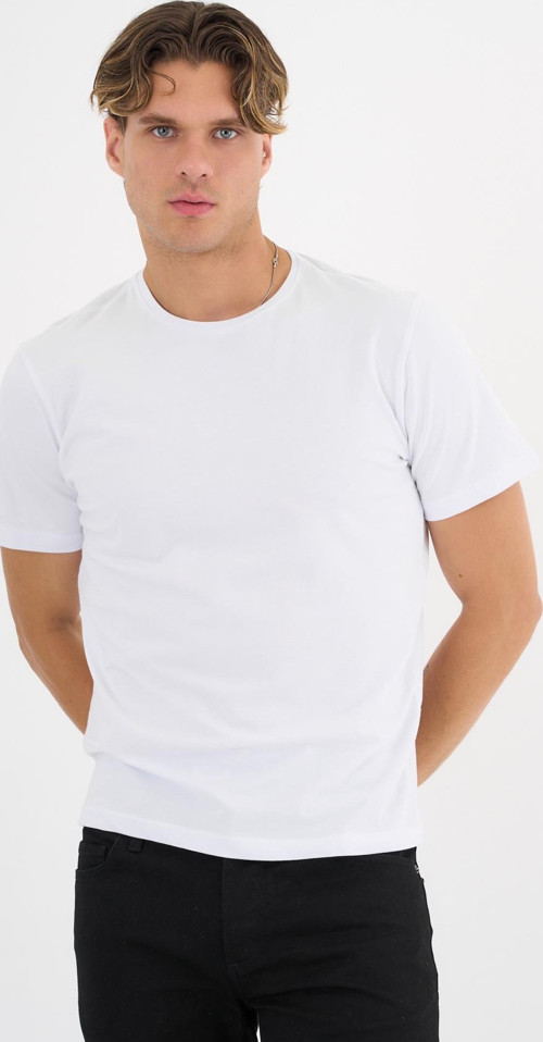 Erkek Beyaz %100 Pamuklu Standart Kalıp Likralı Basic T-Shirt