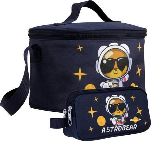 Erkek Çocuk Astronot Ayıcık Desenli Lacivert Beyaz Beslenme Çantası ve Kalemlik Seti