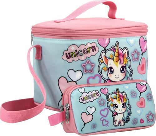 Kız Çocuk Bebek Unicorn Desenli Pembe Turkuaz Beslenme Çantası ve Kalemlik Seti