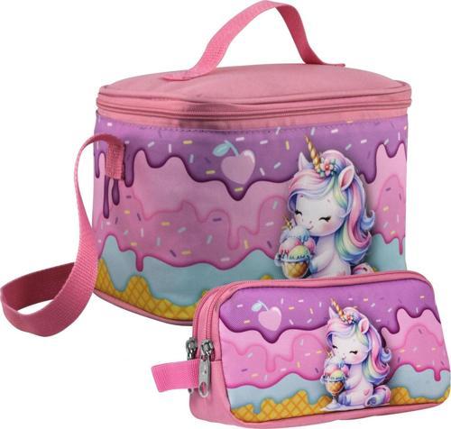 Kız Çocuk Dondurma Yiyen Unicorn Desenli Mor Pembe Beslenme Çantası ve Kalemlik Seti