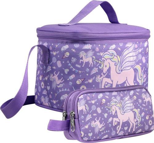 Kız Çocuk Nakışlı Unicorn Pegasus Desenli Lila Beslenme Çantası ve Kalemlik Seti
