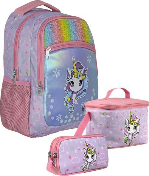 SETUMT5015A Üçlü İlkokul Çanta Seti (Turkuaz Pembe - Gökkuşağı Unicorn - Kız Çocuk - Simli Kumaş)