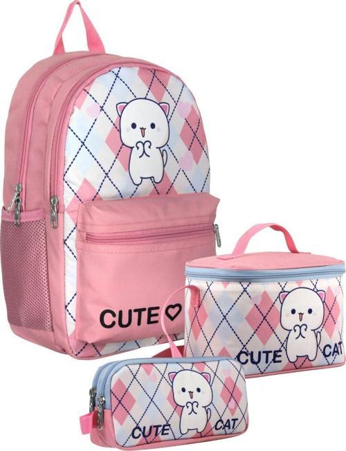 SETUMT5024A Üçlü İlkokul Çanta Seti (Beyaz Pembe - Love Cute Cat - Kız Çocuk)