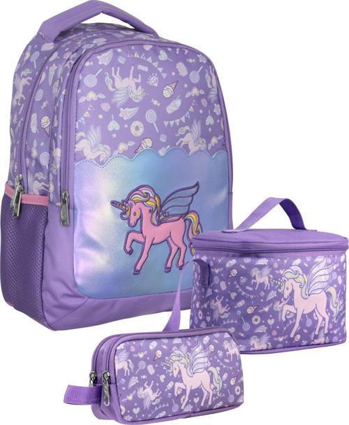 SETUMT5027A Üçlü İlkokul Çanta Seti (Lila - Nakışlı Unicorn Pegasus - Kız Çocuk - Parlak Kumaş)