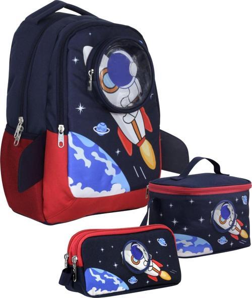 SETUMT5042A Üçlü İlkokul Çanta Seti (Lacivert Kırmızı - 3D Astronot - Erkek Çocuk)