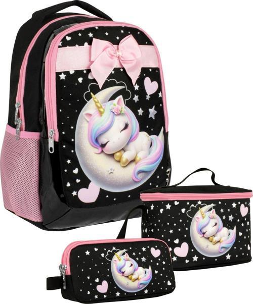 SETUMT5060A Üçlü İlkokul Çanta Seti (Siyah Pembe - Uykucu Unicorn - Kız Çocuk - Kurdalı Detaylı)