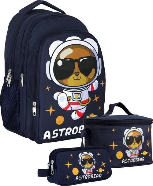Üç Bölmeli Erkek Çocuk Astronot Ayıcık Üçlü Okul Çanta Seti - Lacivert Beyaz - SETUMT5045A
