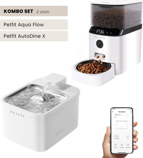 Aqua Flow WiFi Akıllı Otomatik Kedi Köpek Su Pınarı+Petfit AutoDine X 5L WiFi Akıllı Otomatik Mama Kabı