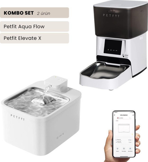 Aqua Flow WiFi Akıllı Otomatik Kedi Köpek Su Pınarı+Petfit Elevate X 4L Wi-Fi Akıllı Otomatik Mama Kabı