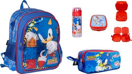 Sonıc Okul Çantası  4 Parçalık Okul Seti (Çanta-Beslenme Kabı-Matara ve Kalem Kutu)