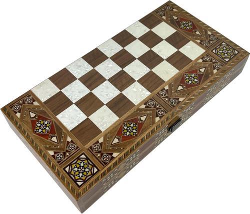 Şam İşi Marküteri İşlemeli Sedef Kakma Ahşap Tavla Takımı - Model 2